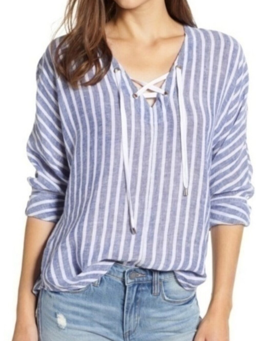 Rails Lily Blouse Parisian Blue Grenadines Stripe Linen Lace Up Neck Size Small
